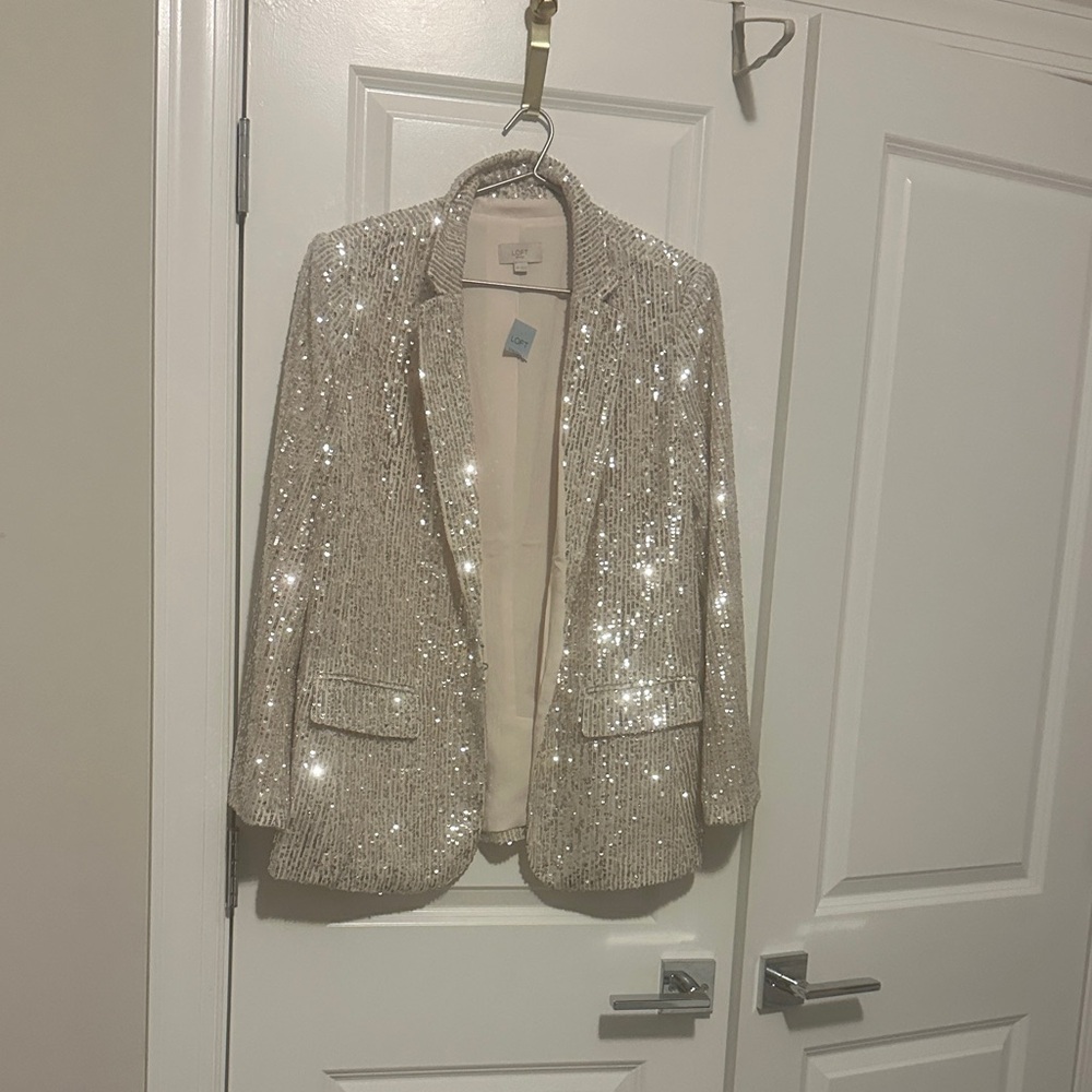 LOFT Sparkling Sequin Blazer in Cream - Picture 2 of 6